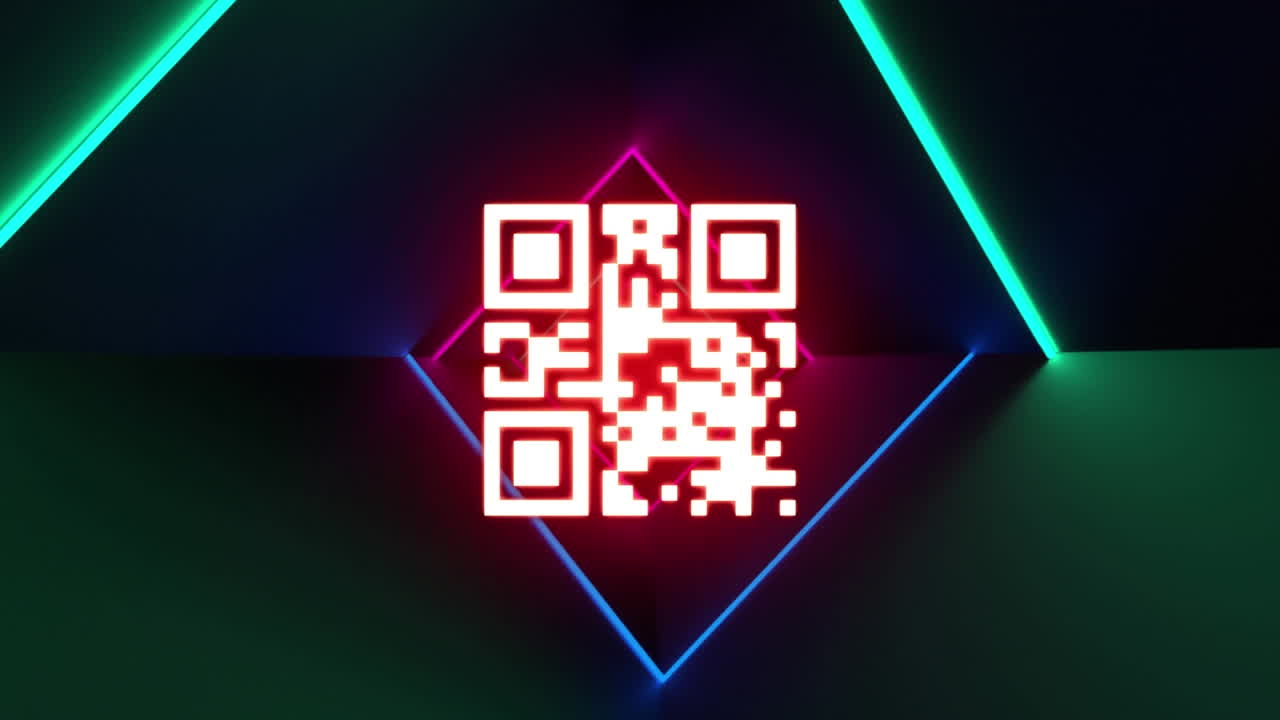 Digital animation of glowing neon pink qr code over glowing neon colorful tunnel on black background