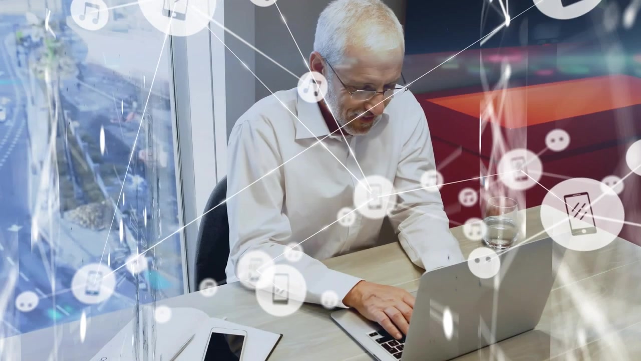 Animation of network of connections over caucasian businessman in office