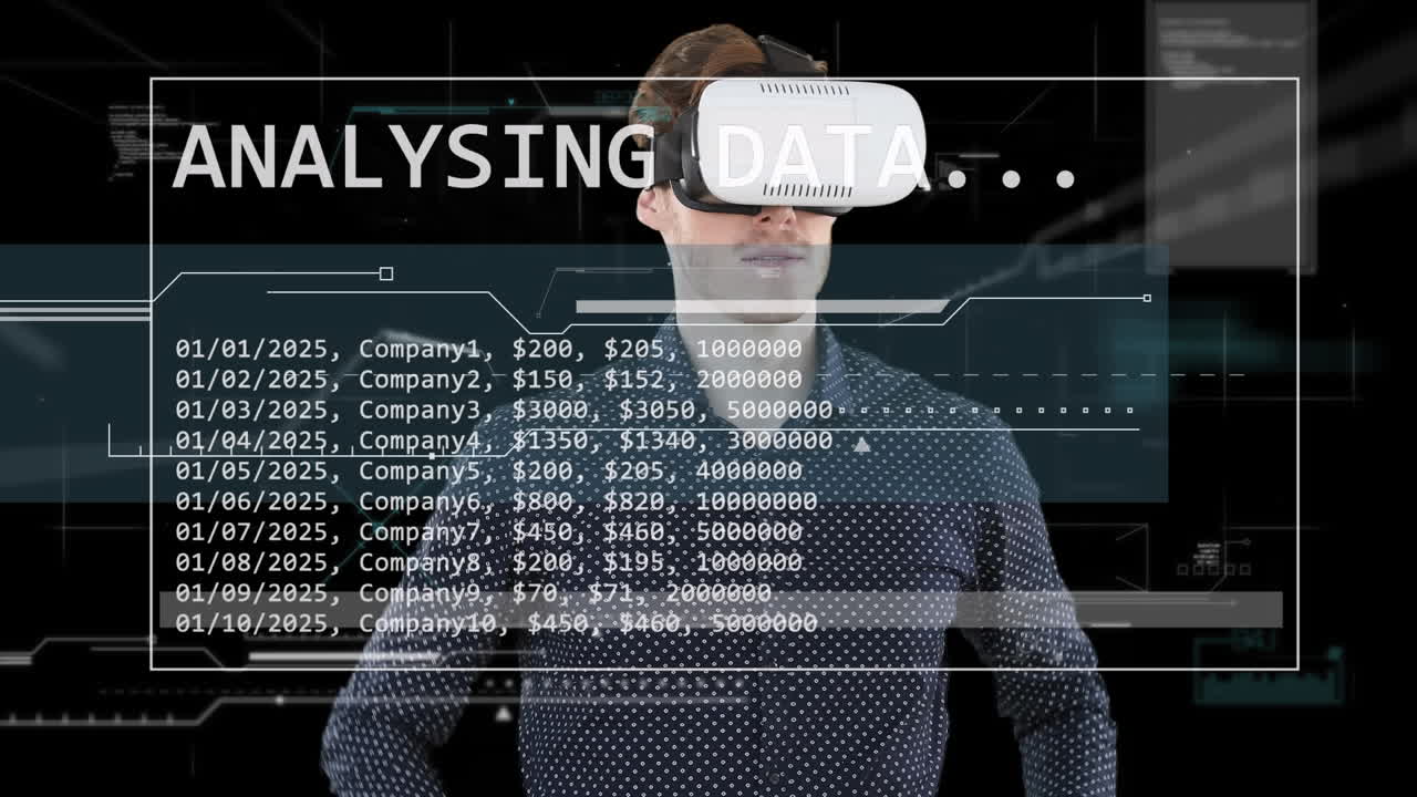 Animation of data processing over caucasian businessman using vr headset
