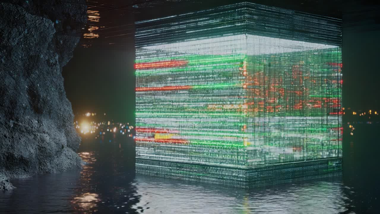 Futuristic quantum computer server processing complex big data, glowing with green and red lights while floating on water at night, representing modern technology and artificial intelligence