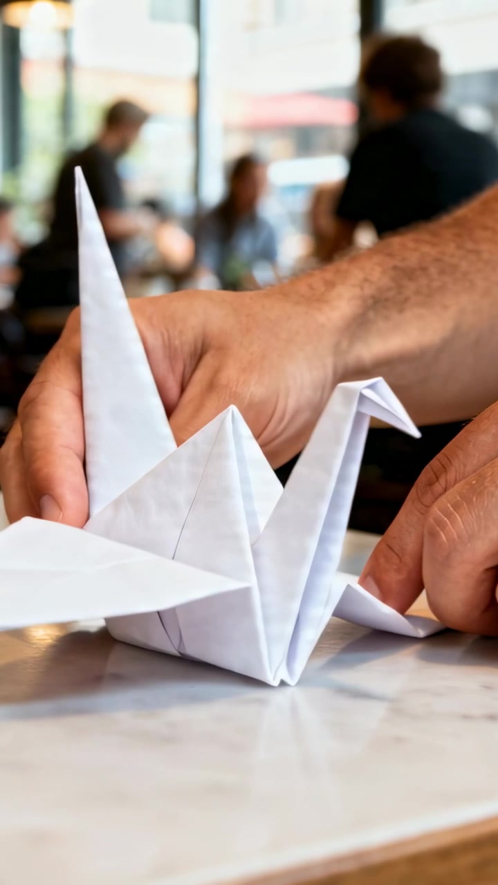 Vertical video: Entering frame, man's hands shaping origami crane on cafe table to refine wings