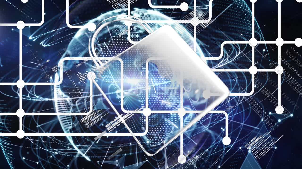 Animation of network of connections over online security padlock, globe and data processing