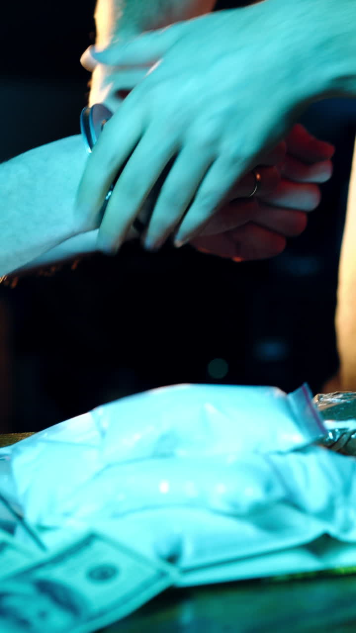 Police officer arresting drug dealer with handcuffs. Close up. Illegal narcotics production Vertical video