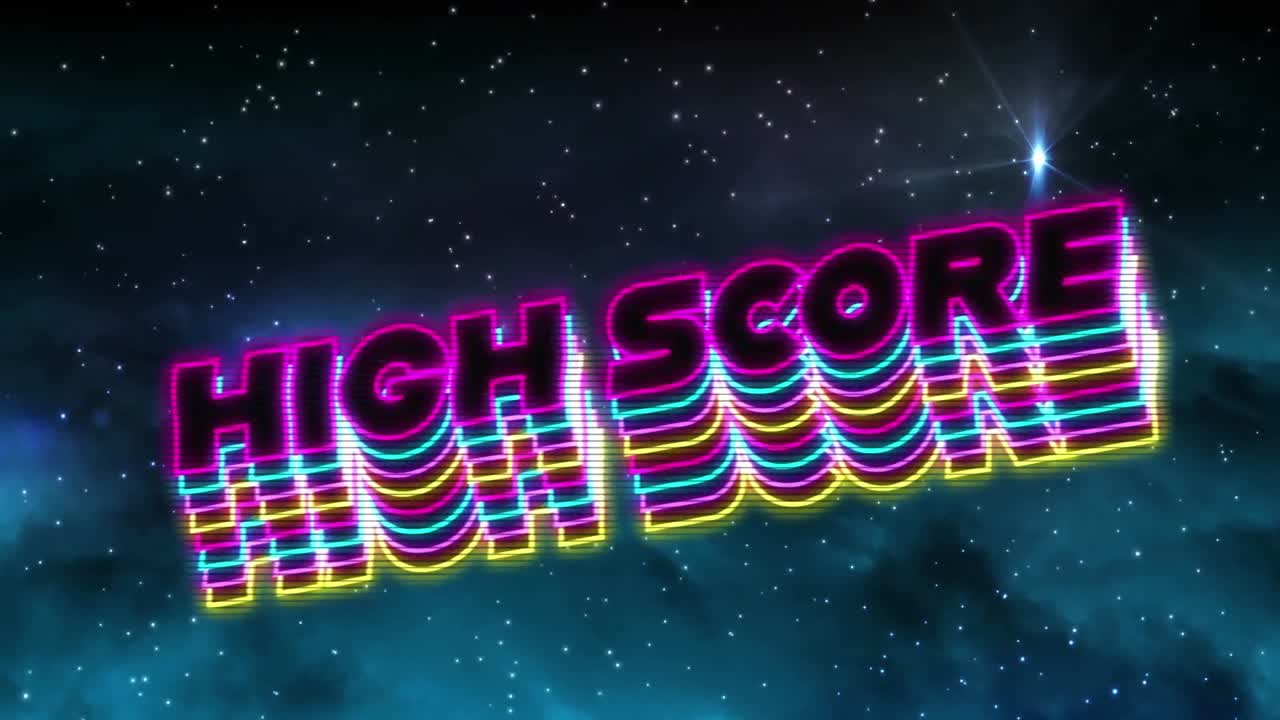 공간에서 빛나는 별에 대한 그림자 효과와 함께 네온 높은 점수 텍스트 배너의 애니메이션