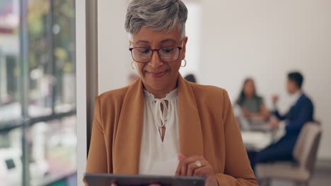 tablet, typing and senior business woman busy