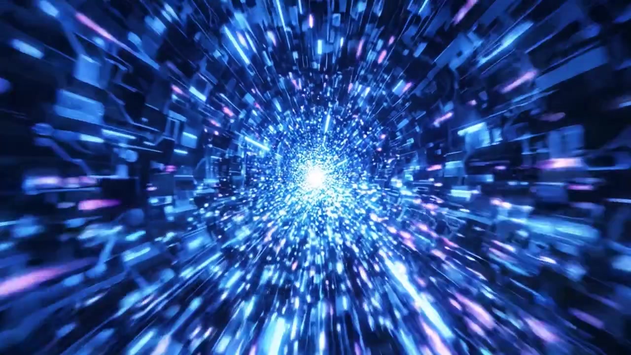 Dynamic Abstract Visual of a High-Tech Cybernetic Tunnel Filled with Glowing Blue Lines and Particles Representing a Digital Realm