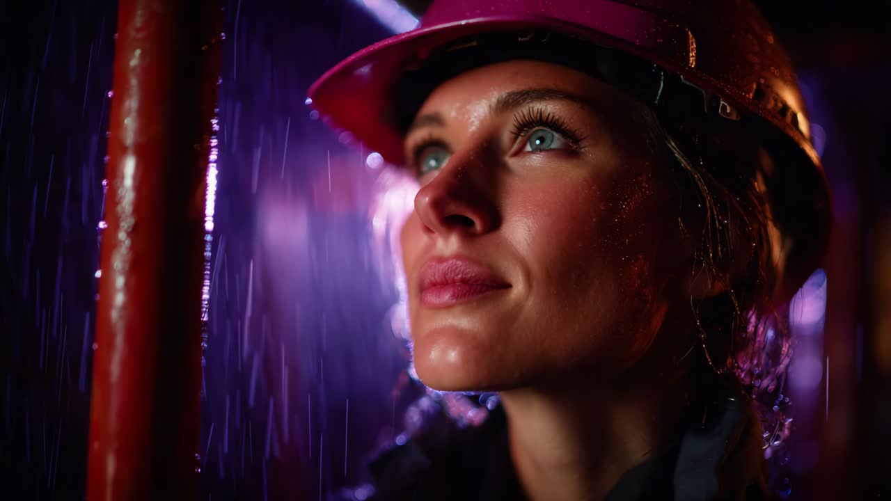 A determined woman gazes upwards, illuminated by vibrant colors in a rainy atmosphere, showcasing strength and resilience through her expression and professional gear, signifying hope and ambition amidst challenges