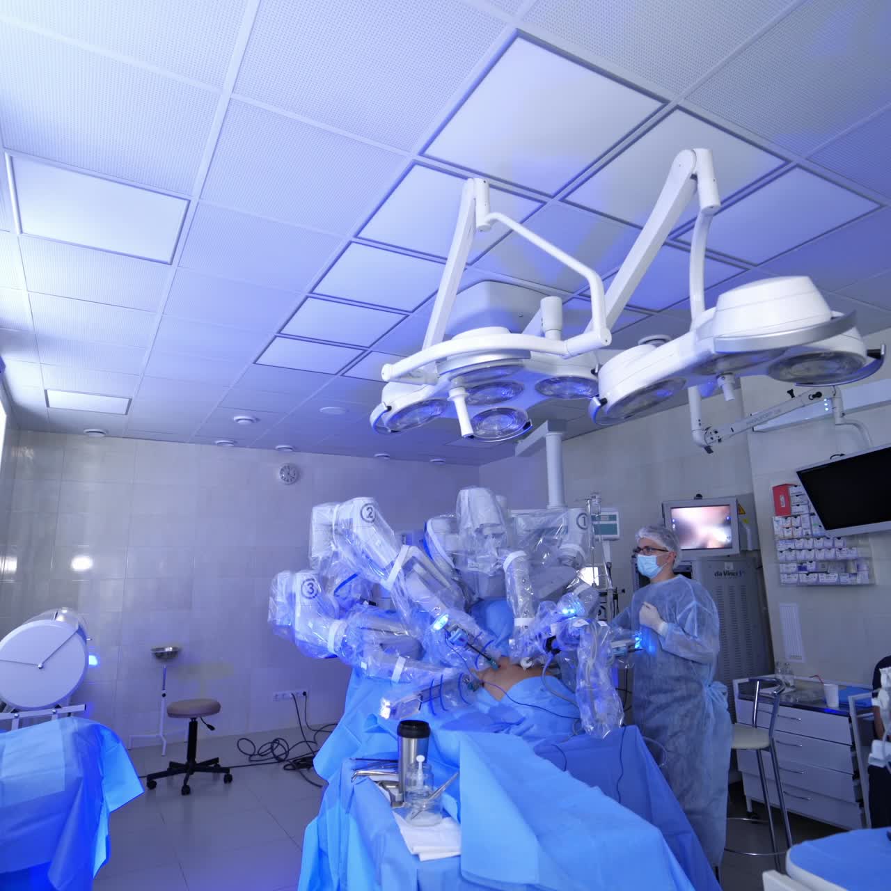 Modern surgical system. Medical robot. Minimally invasive robotic surgery. Da Vinci Surgery.