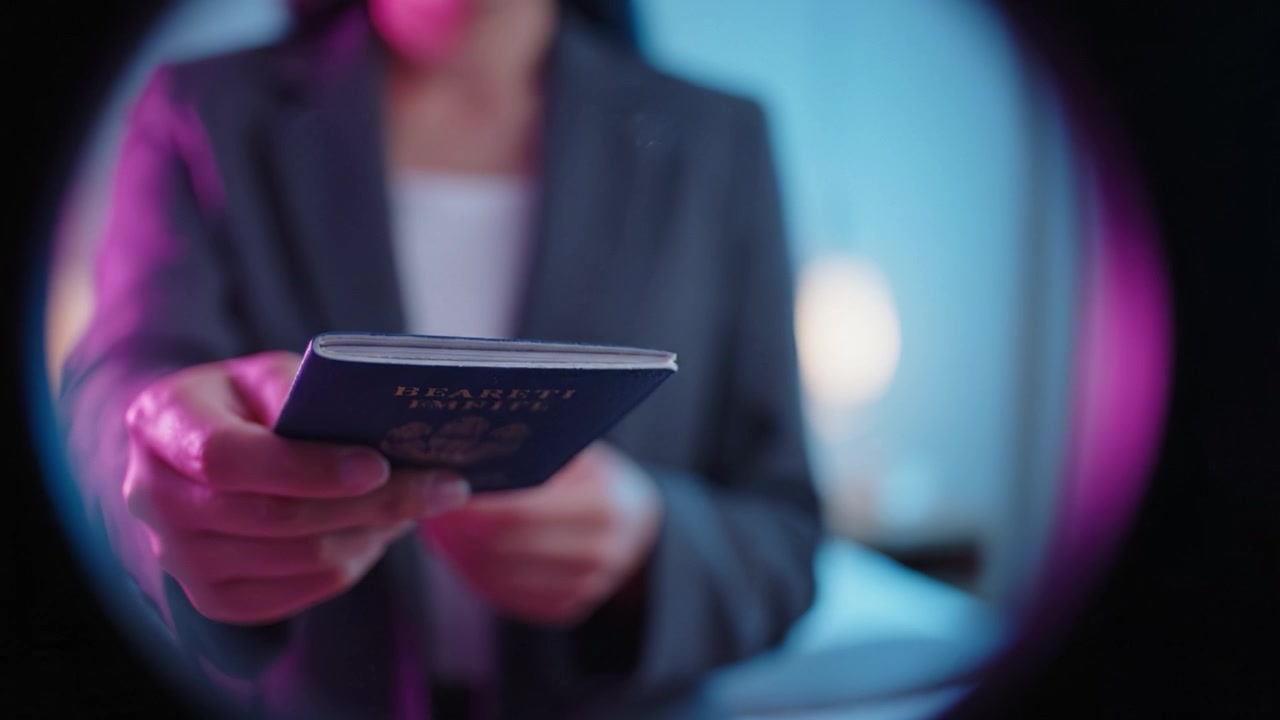 A Person Holding a Passport Viewed Through a Round Opening, Highlighting the Importance of Identification in Travel and Communication Scenarios