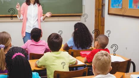 animation of question marks over female elementary school teacher and diverse pupils in class