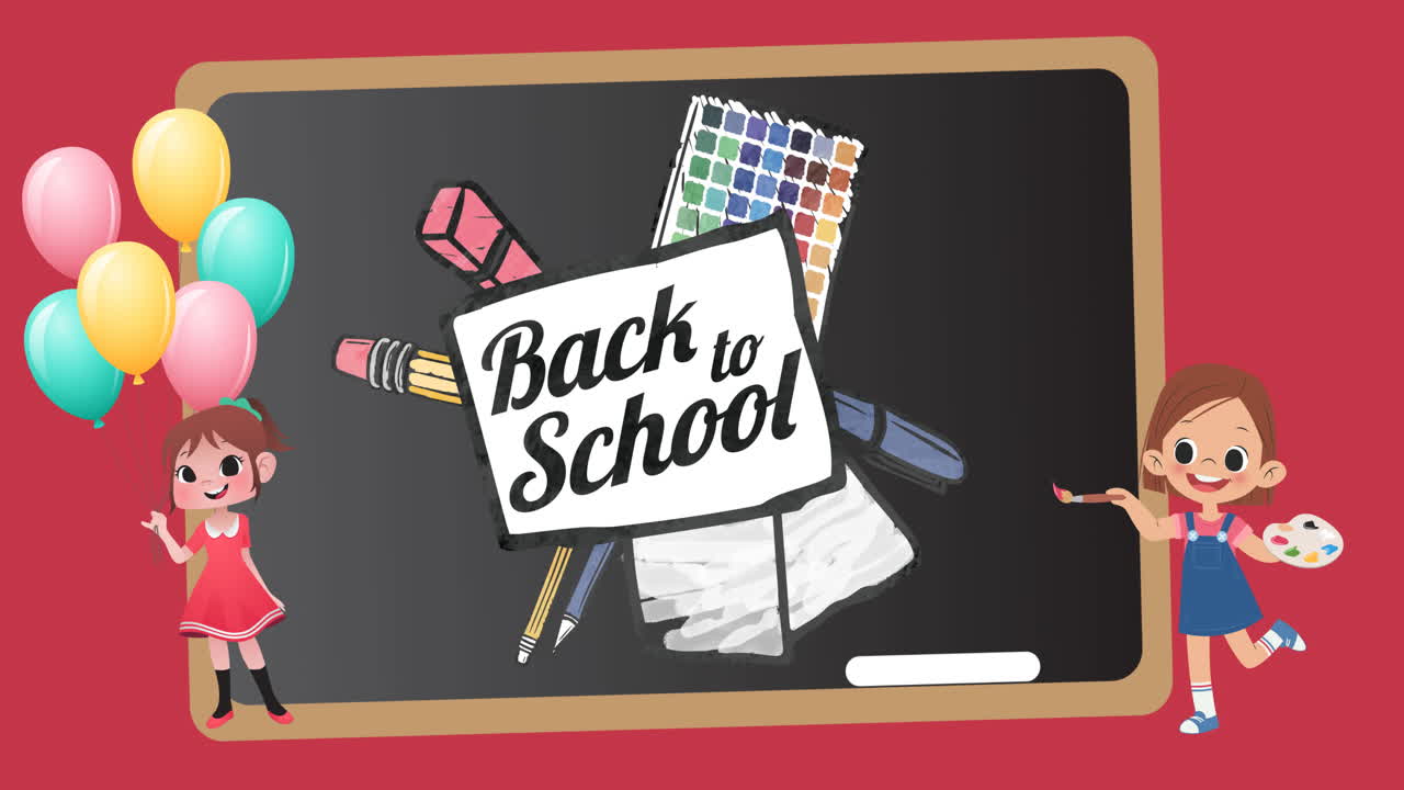 블랙보드에 있는 학교 복귀 텍스트와  ⁇ 은 배경에 있는 학교 아이콘의 애니메이션