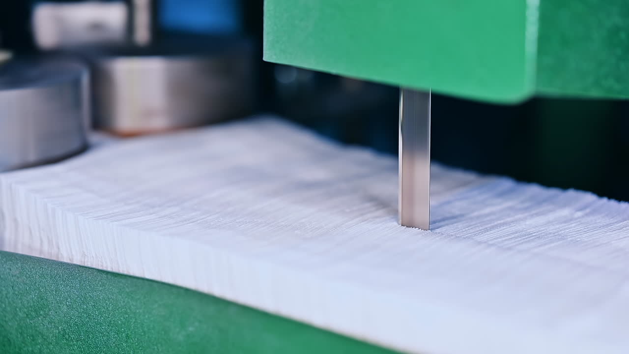 Sharp knife of the cutting mechanism that divides a pile of fabric into two stacks. Two heavy vertical shafts spinning at the backdrop.