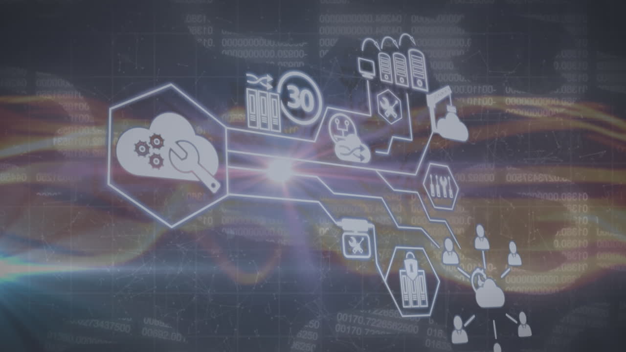 Animation of network of digital icons and digital waves against security chain icon