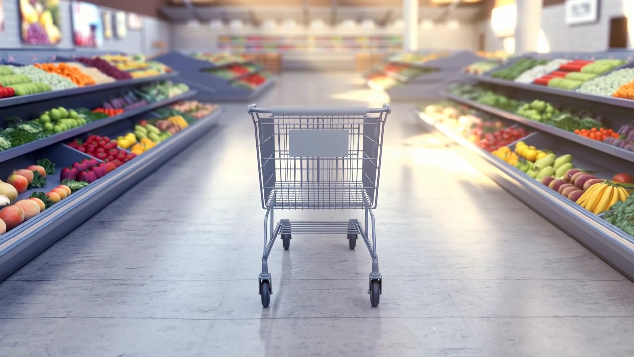 Empty shopping cart moves along supermarket aisle between organized produce displays with colorful fruits and vegetables, reflective floor, soft bright lighting, and symmetrical composition emphasizing grocery shopping space.