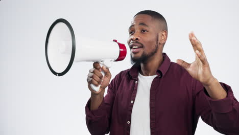 black man, megaphone and shouting for protest