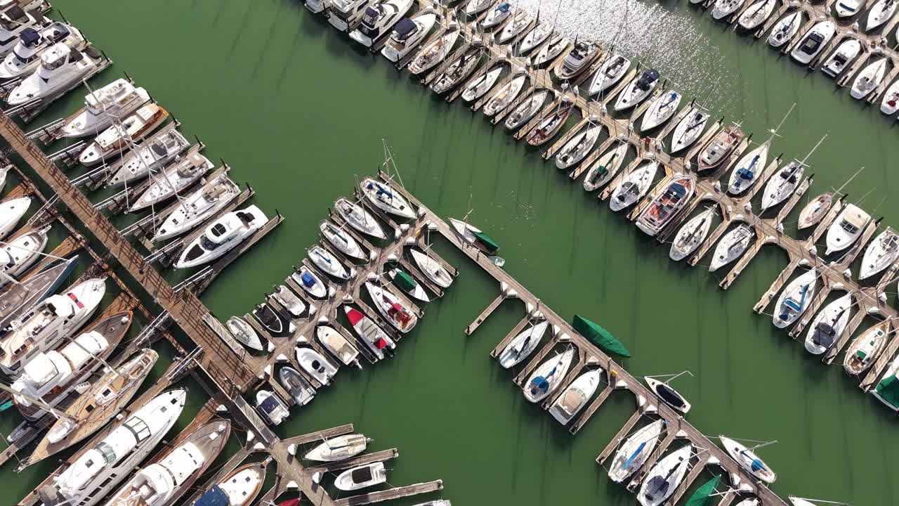 Birdseye Drone Shot of Boats in Harbor Marina. Sausalito California USA