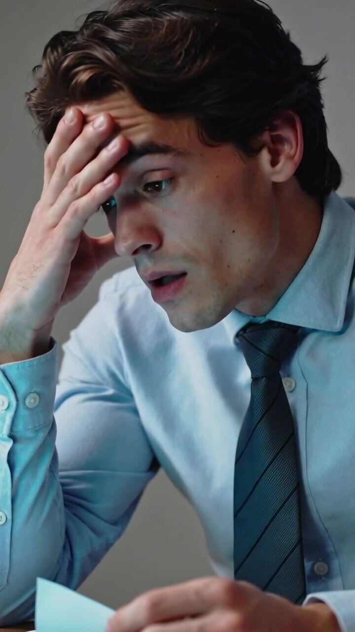 Vertical video: Reading man in tie seeing blue note at desk with laptop scanning rubbing brow
