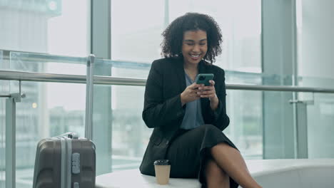 phone, travel and a business woman in an airport