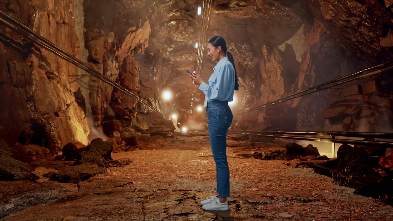 Full Body Side View Of Asian Female With Her Phone In Underground Mine Tunnel, Working Continuously With Her Phone