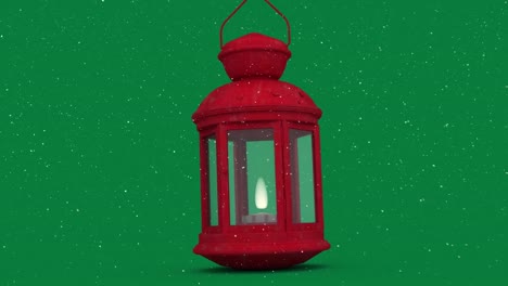 Animation-Von-Schnee,-Der-über-Eine-Rote-Laterne-Auf-Grünem-Hintergrund-Fällt