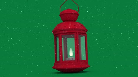 animación de nieve cayendo sobre linterna roja sobre fondo verde