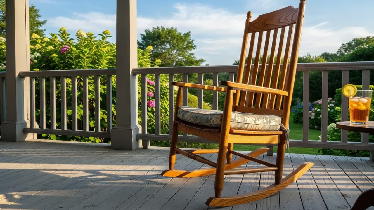 A Relaxing Summer Afternoon: A Wooden Rocking Chair on a Porch with Refreshing Drinks and Blooming Flowers in a Calm Garden Setting