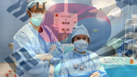 animation of flag of uruguay waving over surgeon in operating theatre