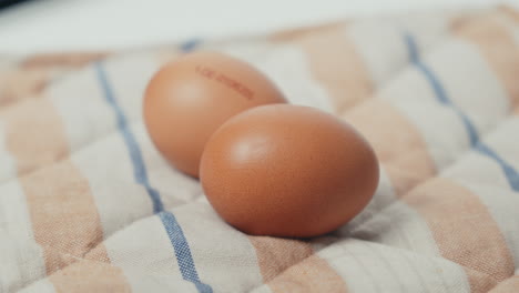 two fresh brown eggs resting on a classic blue and white checkered kitchen towel