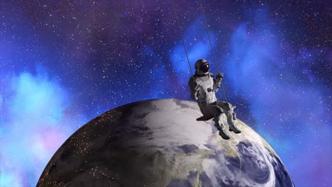 un astronauta se balancea en un columpio por encima de la tierra