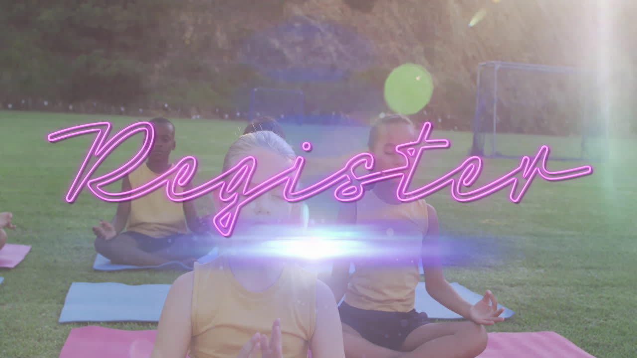 Meditating children on grass with pink neon style Register animation text