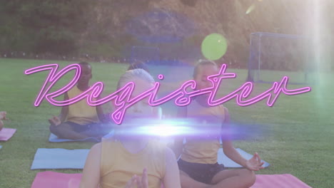 meditating children on grass with pink neon style register animation text