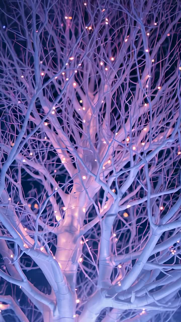Vertical video: Camera capturing trunk pulsing lights at night and panning up revealing branches
