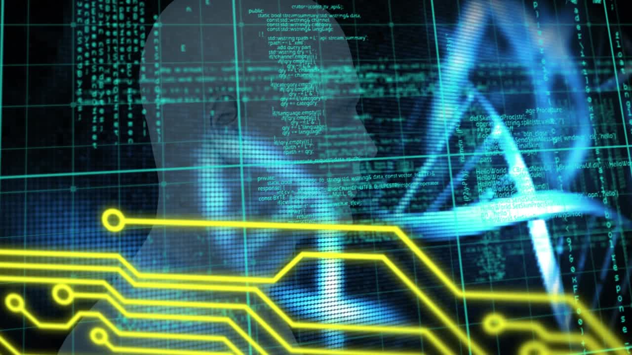 Animation of dna structures spinning and microprocessor connections over human head model
