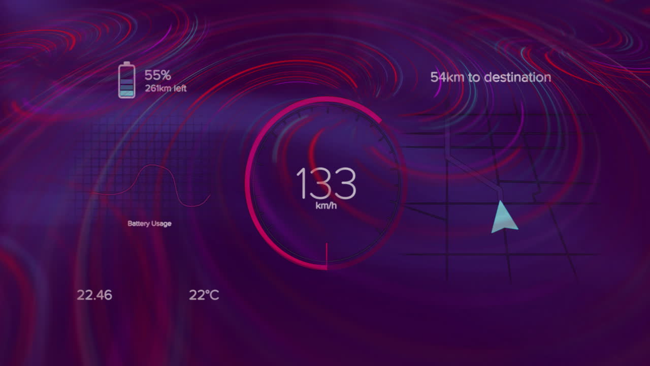 Dashboard animation displaying speed, battery usage, and distance in vibrant colors