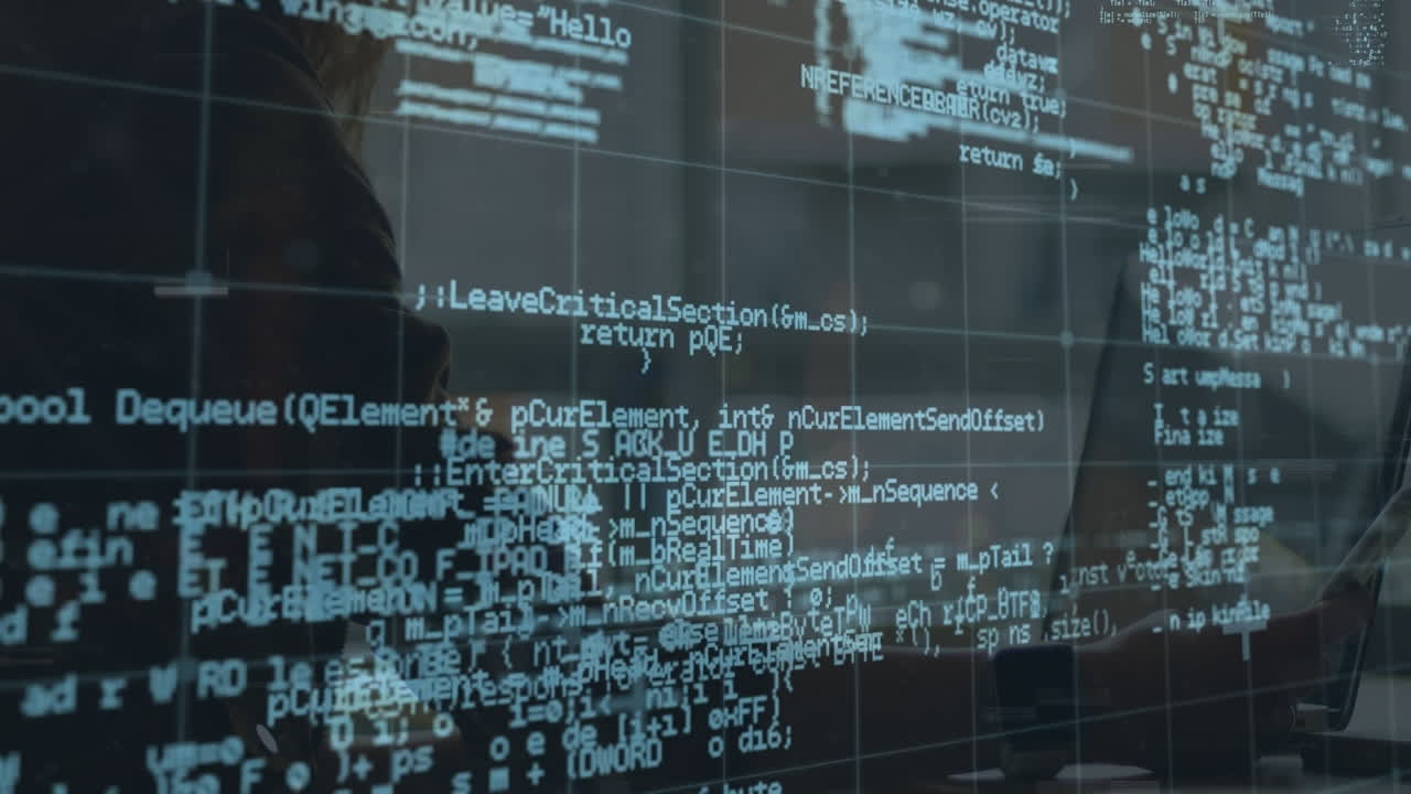 노트북을 사용하는 백인 남자의 중간 부분에 대한 데이터 처리 애니메이션