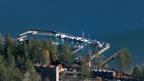 Drone-shot-of-the-the-marina-in-Tahoe-City-on-Lake-Tahoe-with-boats