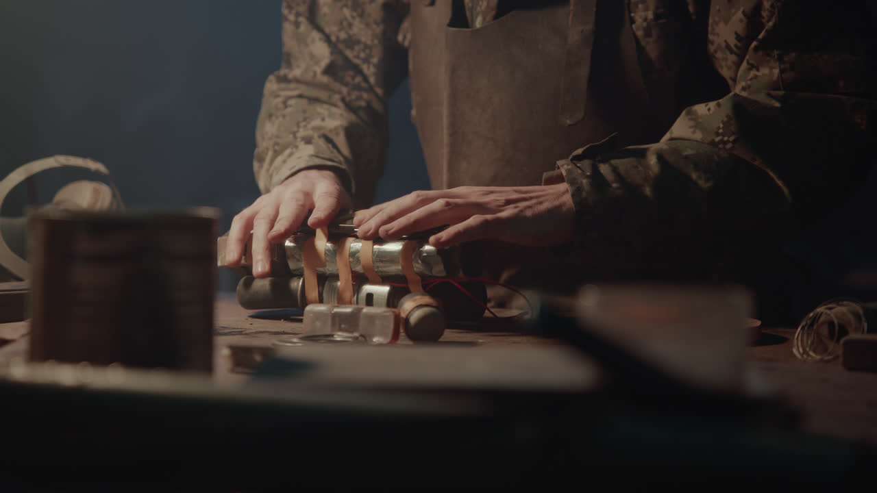 A bombmaker assembles a bomb in his workshop at night