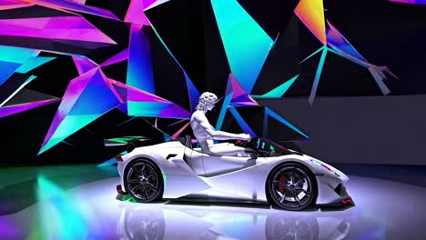 david conduciendo un coche deportivo futurista en un espacio geométrico de neón