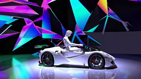 david driving a futuristic sports car in a neon geometric space