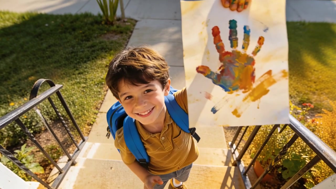 Niño acercándose con polo amarillo y mochila azul mostrando una huella de mano pintada en los escalones, compartiendo arte