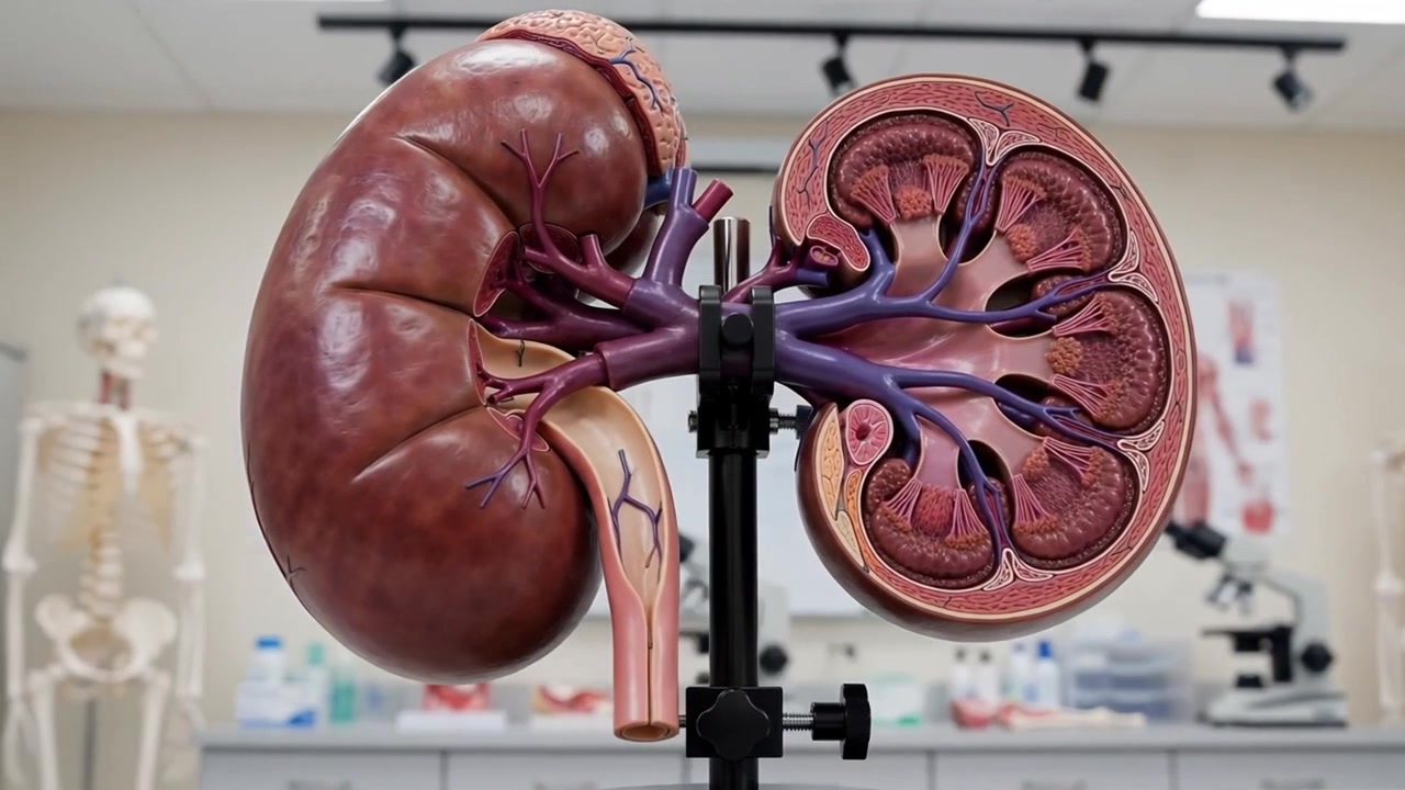 Animazione medica 3D della filtrazione del sangue nel nefrone renale