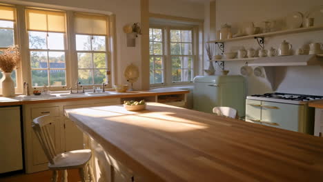 bright and inviting kitchen with pastel green appliances and wooden island