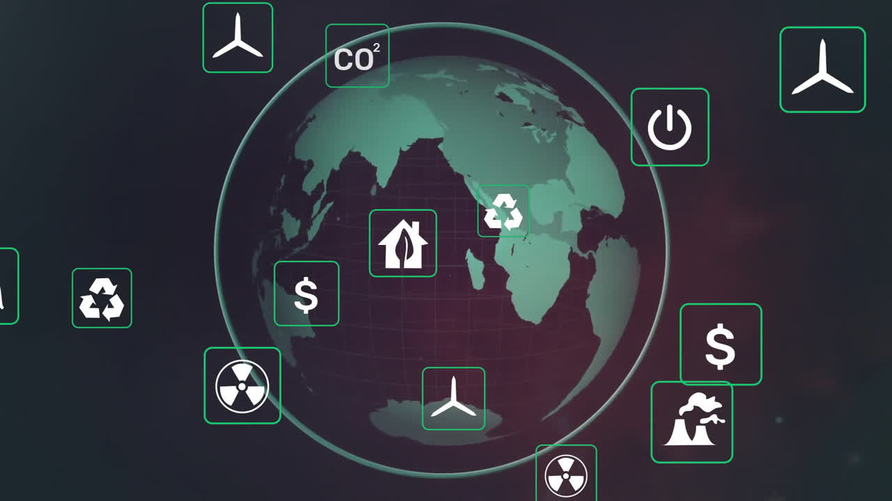 анимация икон на глобусе на черном фоне.