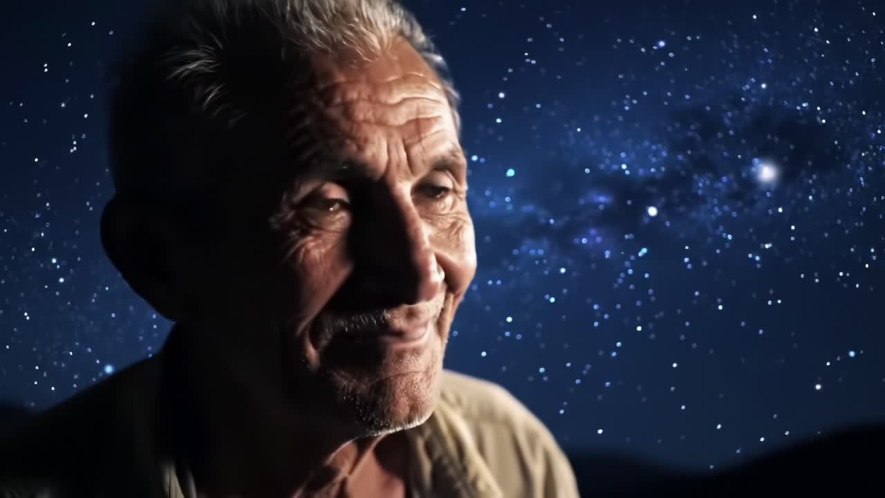 A Wise Elder's Reflection Under the Cosmic Sky: Capturing the Depth of Experience and Emotion Illuminated by a Celestial Backdrop