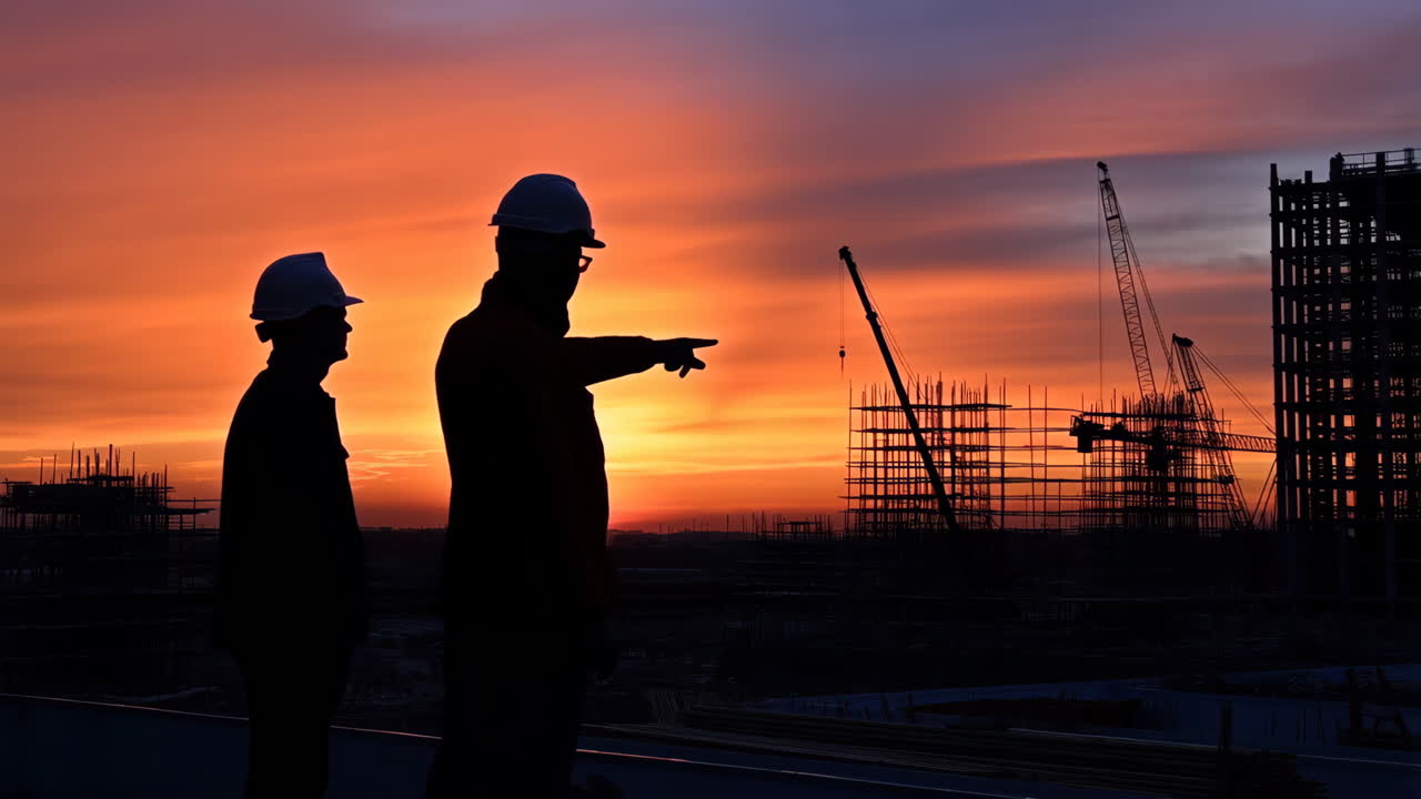 Construction Workers Silhouetted Against a Sunset