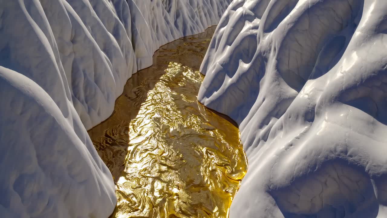 Goldener Fluss, der zwischen schneebedeckten Klippen fließt