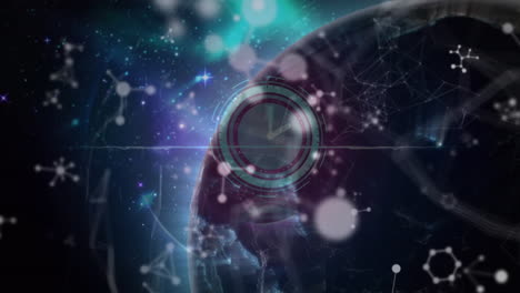 animación de reloj de neón y estructuras moleculares contra el globo giratorio en el espacio.