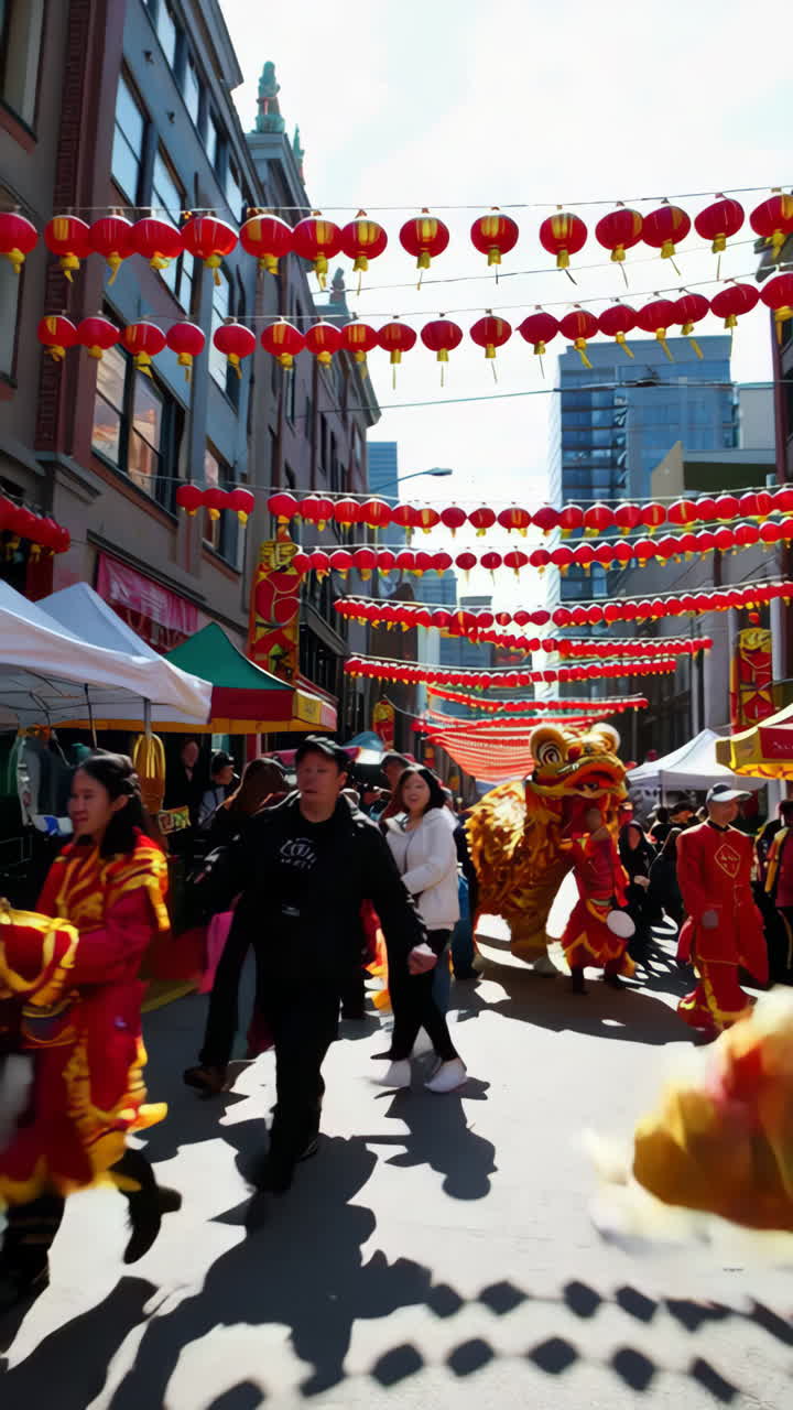 Vibrant Chinese New Year Celebration with Lion Dance Costumes and Red Lanterns