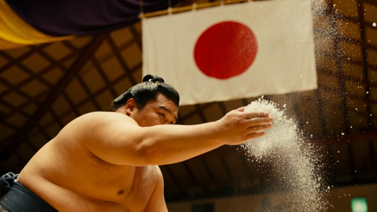 Rozhazování soli, sumo zápasník v mawashi provádějící rituál před zápasem na dohyo pod státní vlajkou
