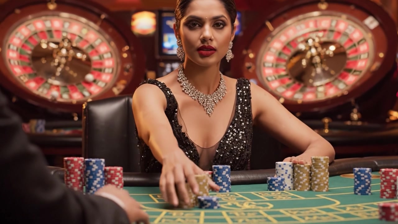 Una Noche Glamurosa en el Casino: Un Jugador Elegante Maniobra Estratégicamente las Fichas en la Mesa bajo las Luces Brillantes y la Emoción de la Sala de Juego.